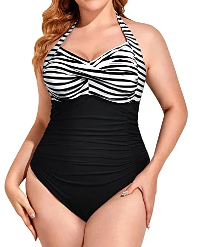 Feminine Elegance Sweetheart Neckline Plus Size Slimming One Piece Swimsuit-Black And White Stripe