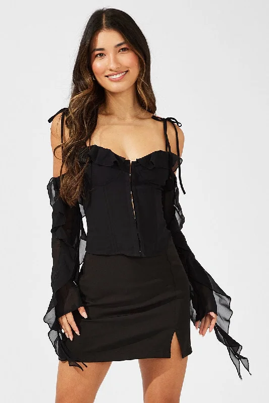 Fashion Deal Black Corset Top Off The Shoulder Ruffle Sleeves