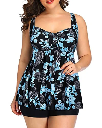 Season Transition Versatile Wear Clearance Cute And Covered Tankini Swimsuits Shorts For Women-Black Floral