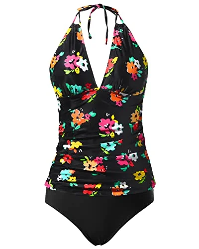 Comfortable Chic Women's Plus Size Tummy Control Tankini Two Piece Swimsuit Halter V Neck Swimwear