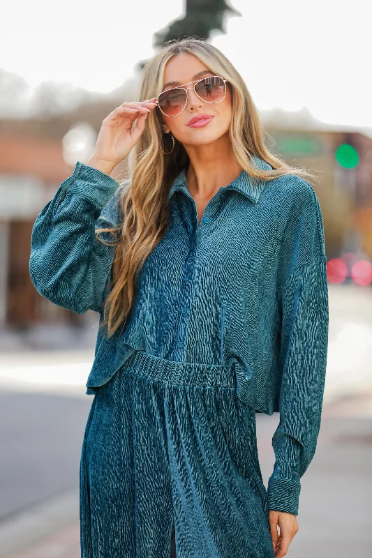 End Of Season Sale FINAL SALE - Luxurious Dream Teal Velvet Plisse Blouse