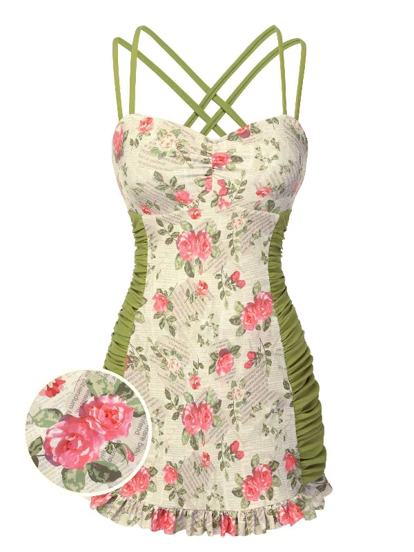 Best Sellers 1940s Double Strap Pleated Roses One-Piece Swimsuit