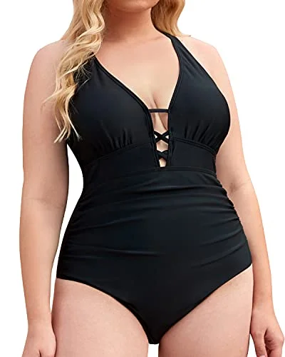 Pastel Styles Slimming Tummy Control Bathing Suits Plus Size One Piece Swimsuit-Black