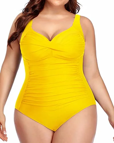 Chic And Edgy Women's Plus Size Tummy Control Twist Front Ruched Sweetheart Neck One Piece Swimsuit-neon yellow2