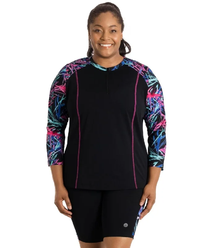 Mega Sale AquaSport Long Sleeve Rash Guard Sunset Palm Print Black