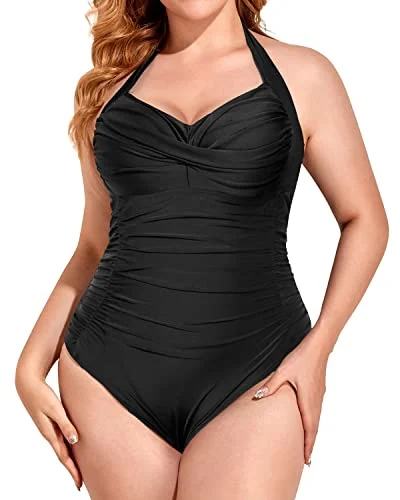 Contemporary Elegance One Piece Tummy Control Swimsuit For Plus Size Women Halter Top-Black