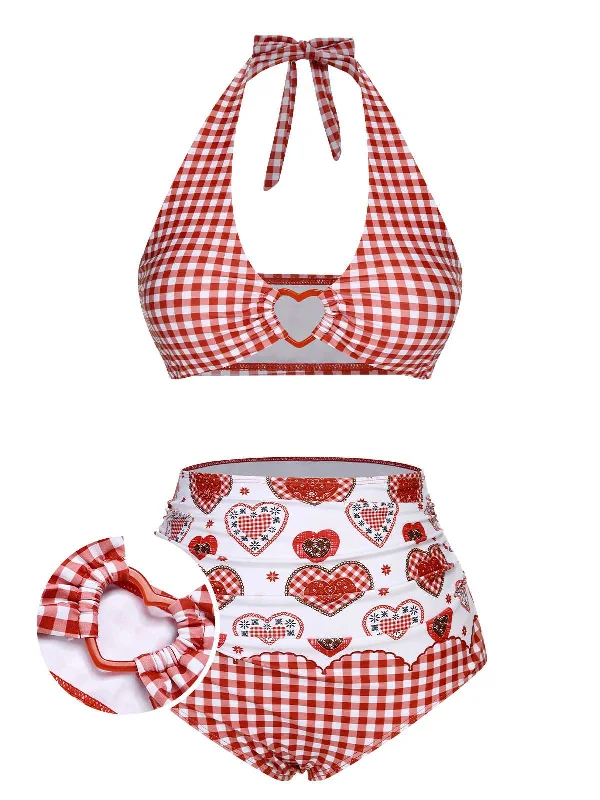 Elegant Style Red 1950s Halter Heart Plaids Swimsuit