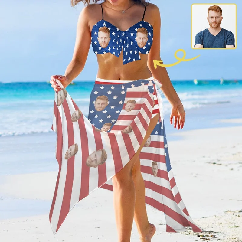 Boutique Styles Custom Face American Flag Bikini&Cover Up Set Women's Chest Bow Bikini Long Cover Up Skirt With Slit