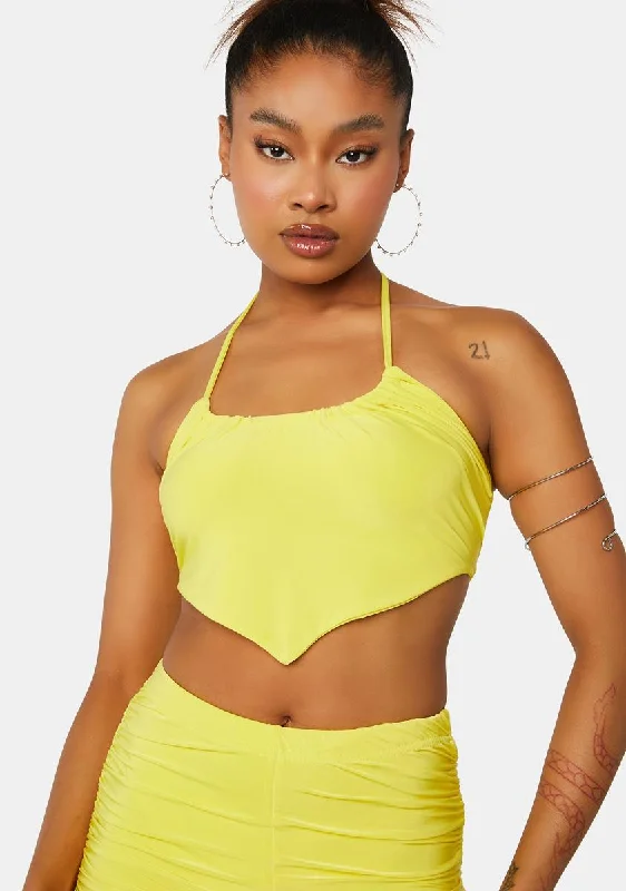 Fashion Forward Sulphur Yellow Ruched Halter Mini Crop Top