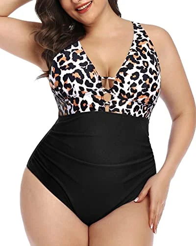 Latest Trends Lace Up Plunge V Neck Plus Size Ruched One Piece Swimsuit-Black And Leopard