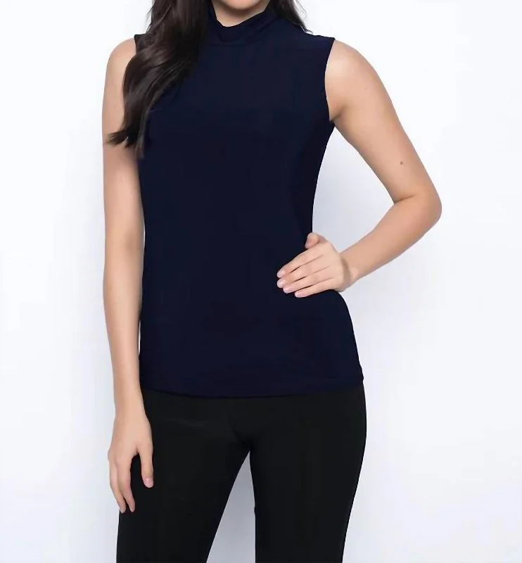 Disco - Inspired Retro Dance Look Sleeveless Mock Neck Top In Midnight Blue