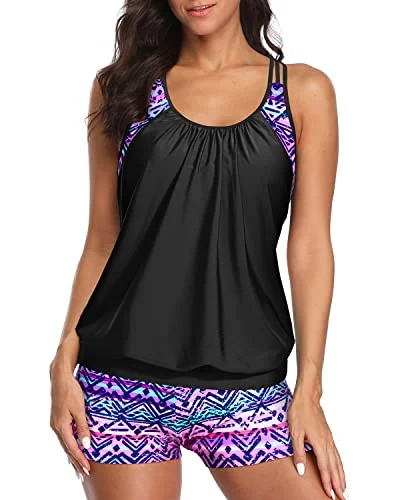 Save On Classic Elegant Styles Ladies Athletic Two Piece Tankini Suits Racerback Tankini-Black And Tribal Purple