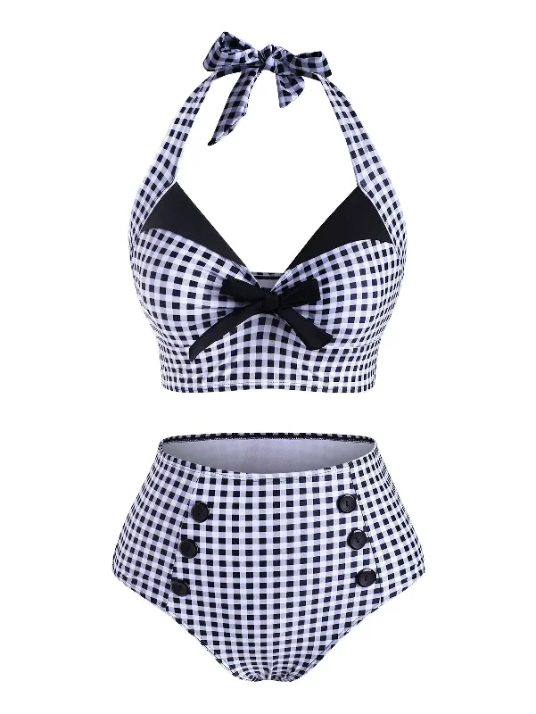 Style Redefined Black 1950s Gingham Halter Bowknot Bikini Set