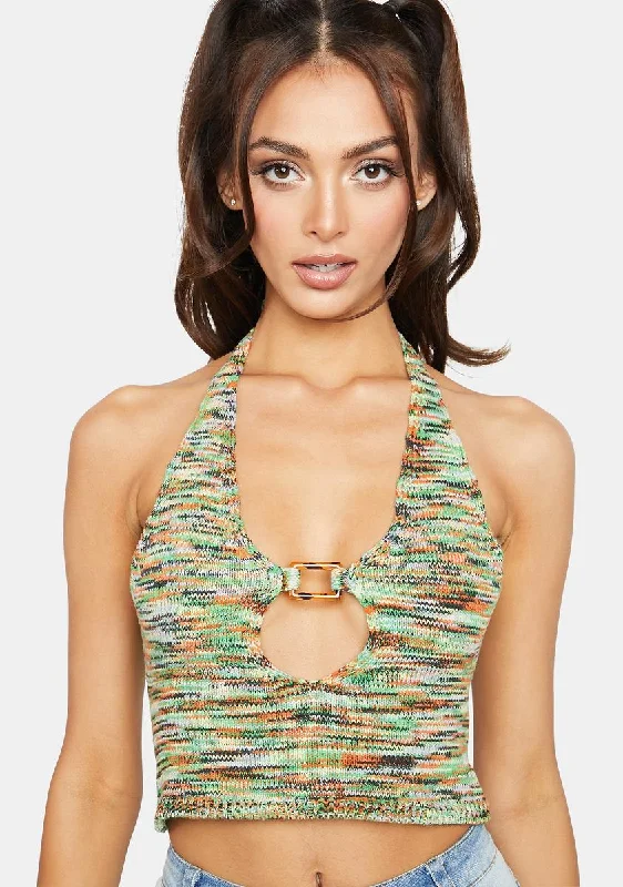 Big Savings On Minimalist Office Styles Spacedye Knit Halter Top With Resin Buckle Detail