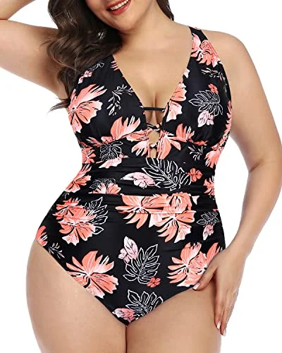 Discover Promotions Criss Cross Back Plus Size Ruched One Piece Swimsuit-Black Orange Floral