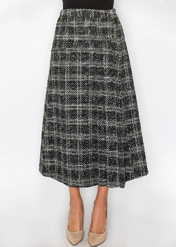 Fashion Forward, Function First Black Tweed Plaid Midi Skirt