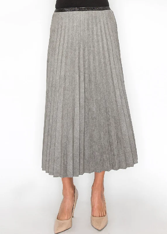 Evening Elegance Gray Suede Pleated A-Line Skirt