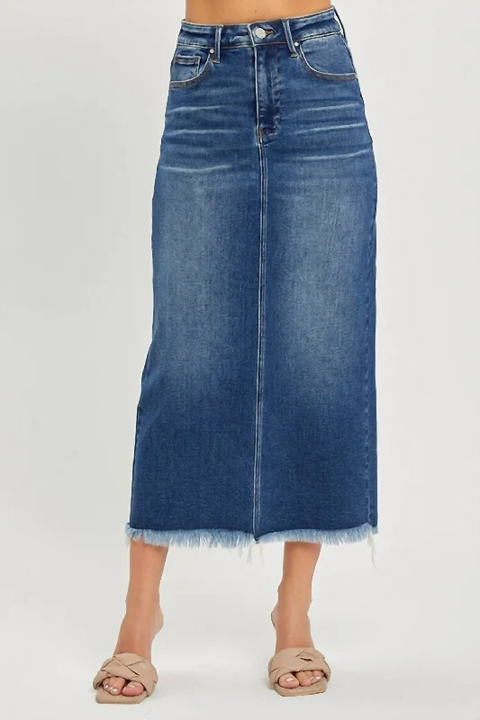 Versatile Wardrobe Essentials High Rise Frayed Long Pencil Skirt In Dark Wash