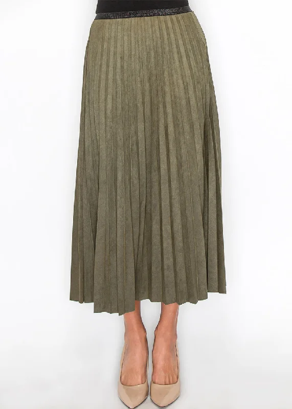 Chic & Cozy Apparel Olive Pleated Suede Midi Skirt