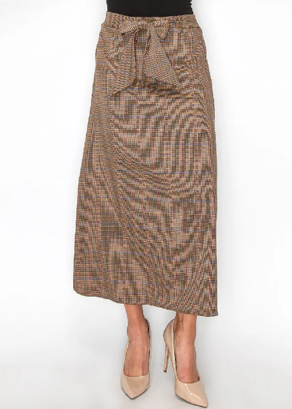 Comfort Centric Apparel Plaid Tie-Front Midi Skirt