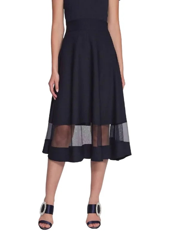 Dive Into Trendy Women's Fashion Scuba Crepe And Mesh Flared Skirt In Midnight Blue