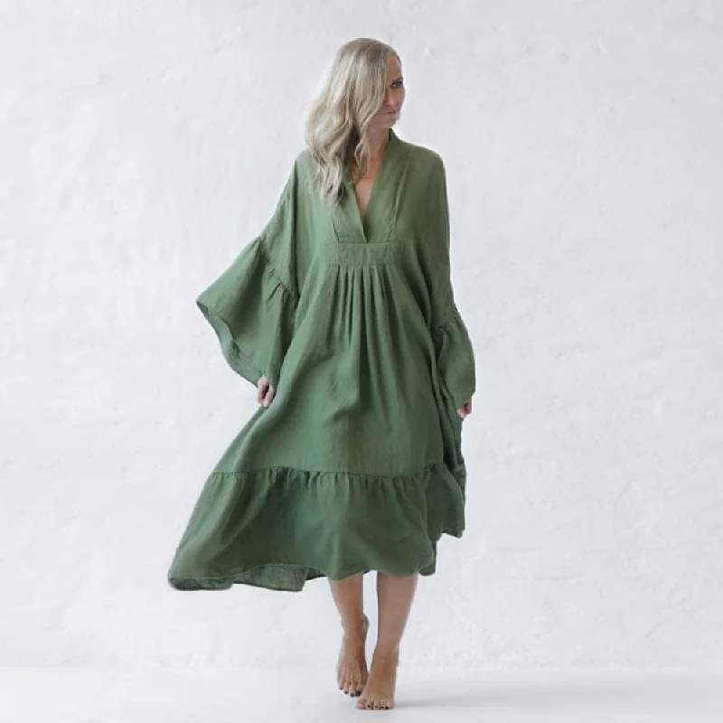 Early Access To Art Deco Styles Sale Seaside Tones Linen Sea Dress - Olive