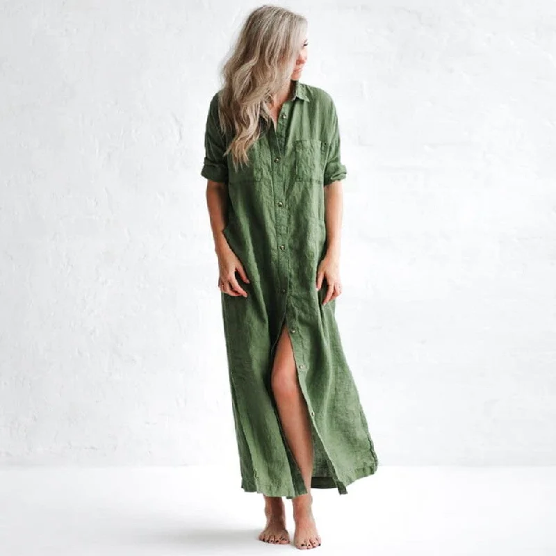 Winter Warm - Up Sale Seaside Tones Maxi Shirt Dress - Olive