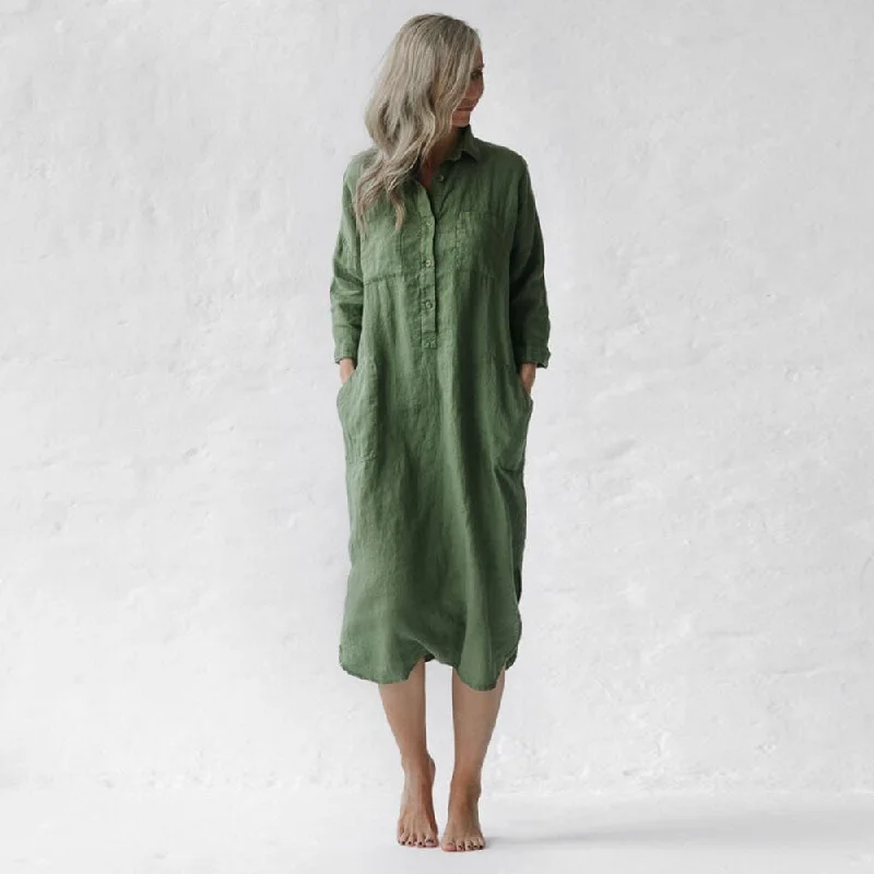 Style Upgrade Seaside Tones Linen Shirt Dress - Olive