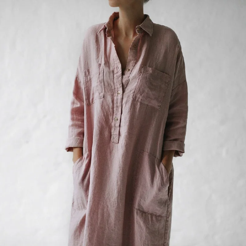 Spring Fashion Seaside Tones Linen Shirt Dress - Dusty Pink