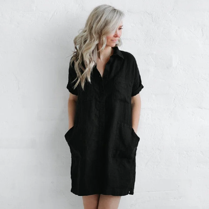 Huge Savings On Parisian Styles Seaside Tones Linen Tunic Dress - Black