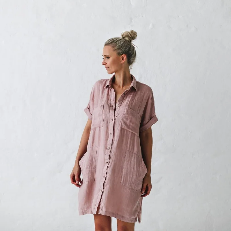 Elegant Style Seaside Tones Linen Tunic Dress - Dusty Pink