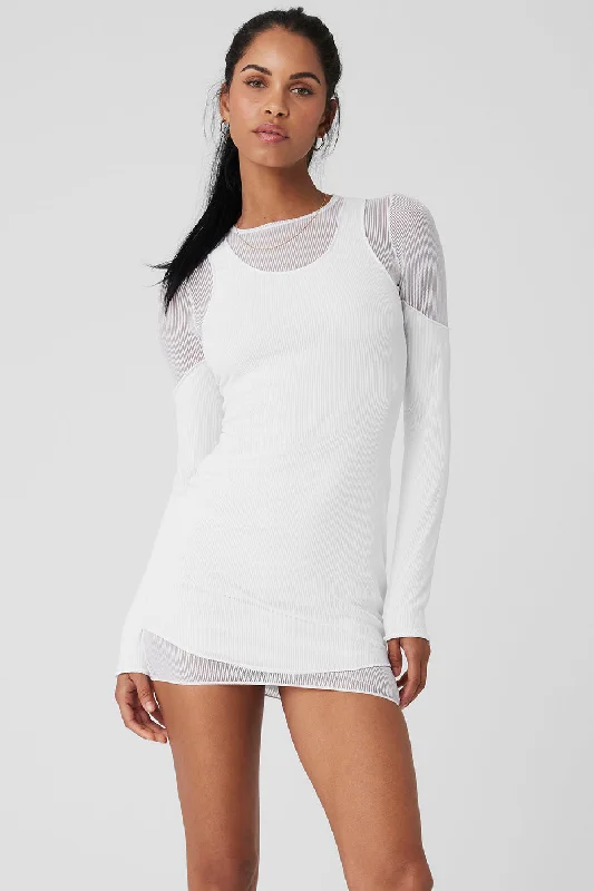 Modern Romance Striped Mesh Synergy Long Sleeve Dress - White