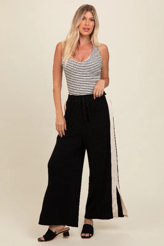 Charming Silhouette Black Contrast Stripe Side Slit Pants