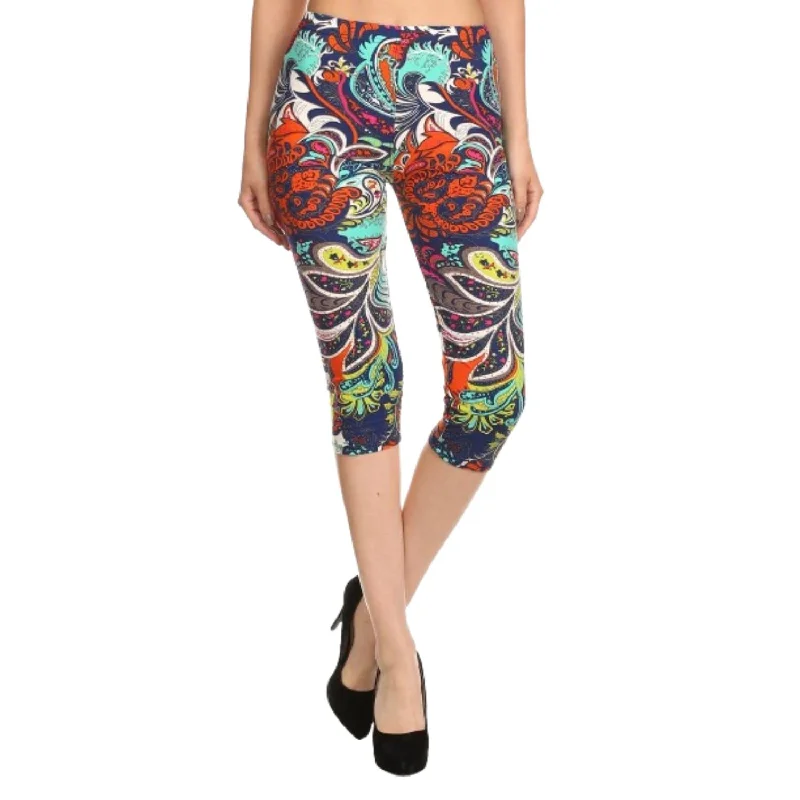 Urban Femme Streetwear Multi-color Ornate Print Cropped Length Fitted Leggings With High Elastic Waist.