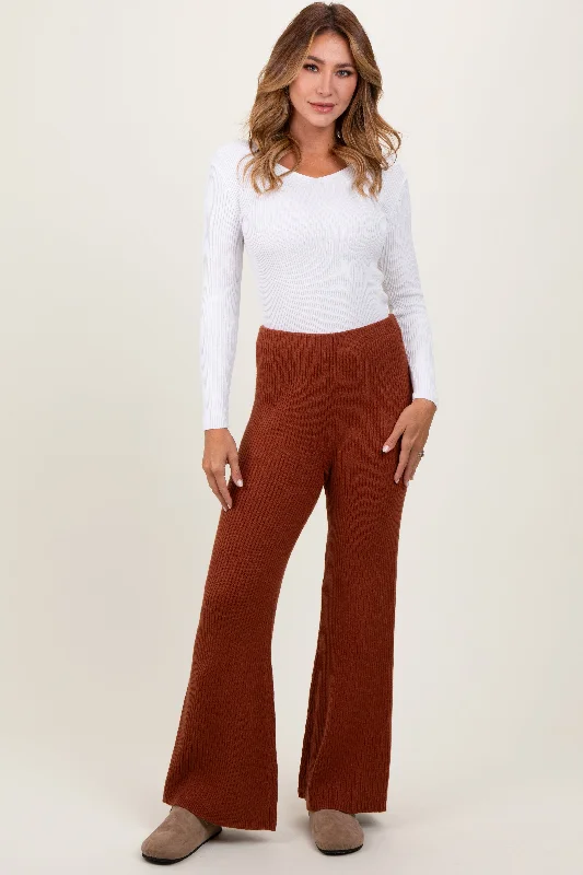 Premium Fashion Rust Ribbed Knit Flare Pants